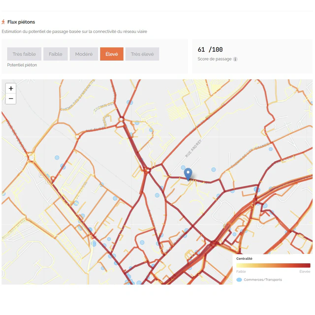 Carte des flux piétons estimés autour d'un emplacement